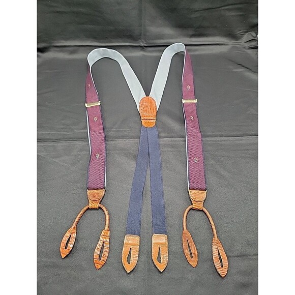 Mens Cole Haan Button Suspenders Leather Tabs Blue/Maroon One Size Adjustable - Picture 1 of 5